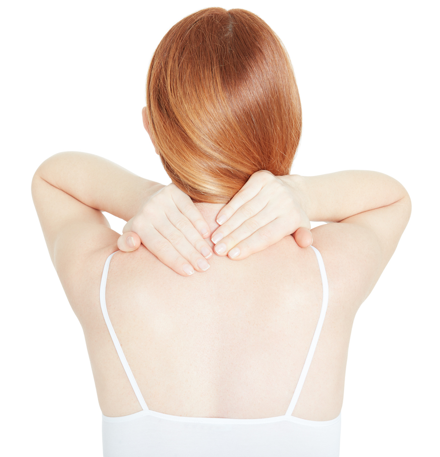 Woman holding both hands on painful neck isolated on white, clipping path Clinic 58 5